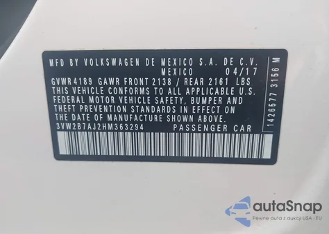 2017 Volkswagen Jetta 1.4T S from USA, damaged, VIN 3VW2B7AJ2HM363294